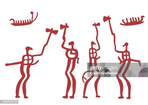 ilustraciones, imágenes clip art, dibujos animados e iconos de stock de petroglifo bronce guerreros de la edad luchando con hachas en bohuslan schweden ilustración - pintura rupestre