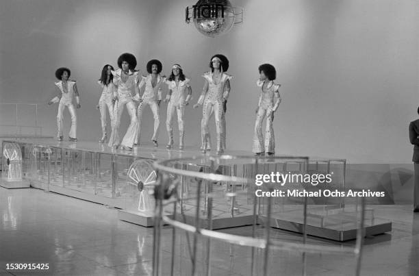American R&B family vocal group, The Sylvers, filming a performance for the 'Soul Train' tv show, which aired on the 8th January 1977, United States,...