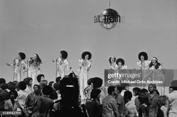 American R&B family vocal group, The Sylvers, filming a performance for the 'Soul Train' tv show, which aired on the 8th January 1977, United States,...