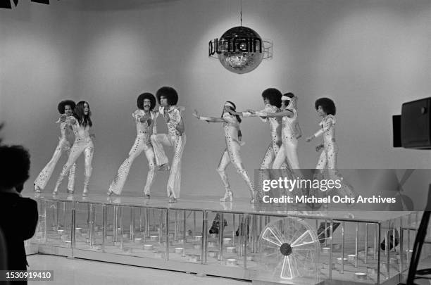 American R&B family vocal group, The Sylvers, filming a performance ...