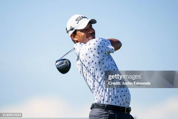 Fabián Gómez hits his tee shot on the 15th hole during the first round of The Ascendant presented by Blue at TPC Colorado on July 13, 2023 in...