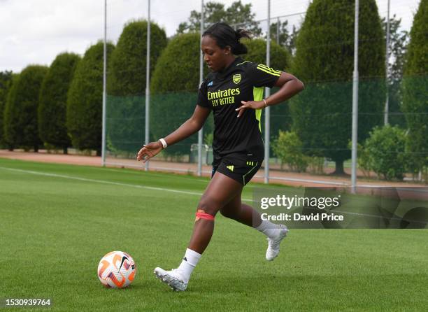 Former Arsenal Women's player Danielle Carter in action during the Arsenal Women's training session at London Colney on July 10, 2023 in St Albans,...