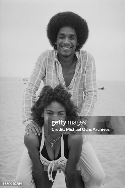 Soul Train dancers take a trip to the beach. Photo shoot for 'Right On!' magazine, United States, 26th June 1977.