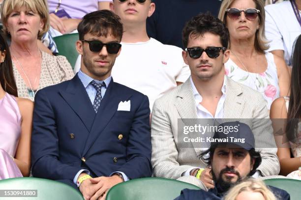 Pierre Gasly and Charles Leclerc attend day eight of the Wimbledon Tennis Championships at All England Lawn Tennis and Croquet Club on July 10, 2023...