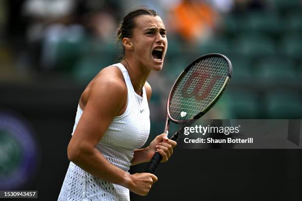 Aryna Sabalenka celebrates against Ekaterina Alexandrova in the Women's Singles fourth round match during day eight of The Championships Wimbledon...