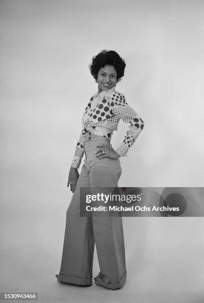 Soul Train dancer Diane during an 'Office Studio' photo shoot for Right On! magazine, United States, 31st October 1974.