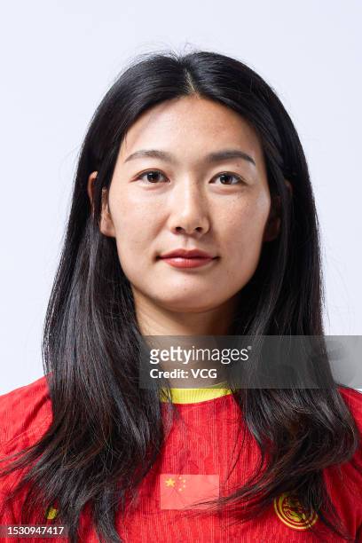 Yang Lina poses for a photo during the team presentation of the China women's national football team on July 5, 2023 in Qingdao, Shandong Province of...