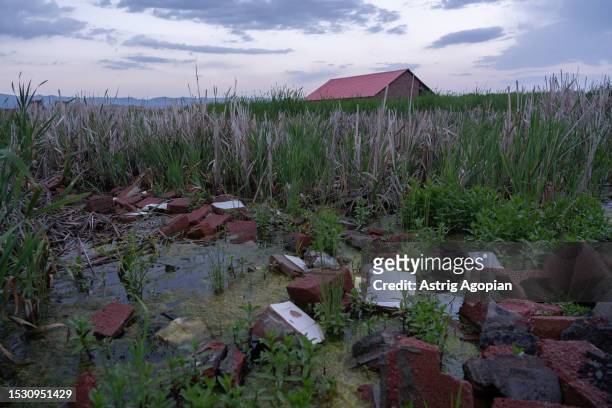 Abandoned cottages after a rise of the water at Lavanda City, following an attempt to regulate the level of Lake Sevan which has been shrinking for...