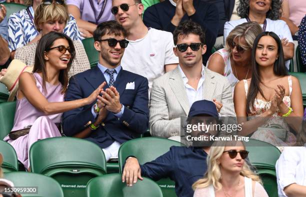 Francisca Gomes, Pierre Gasly, Charles Leclerc and Alexandra Saint Mleux attend day eight of the Wimbledon Tennis Championships at All England Lawn...