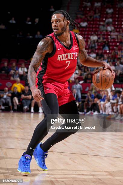 Cam Whitmore of the Houston Rockets dribbles the ball during the game against the Golden State Warriors during the 2023 NBA Las Vegas Summer League...