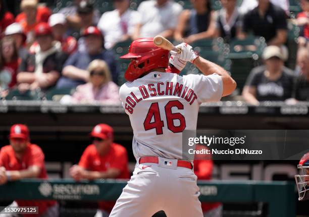 Paul Goldschmidt of the St. Louis Cardinals bats against the Chicago White Sox at Guaranteed Rate Field on July 09, 2023 in Chicago, Illinois.