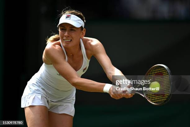 Ekaterina Alexandrova plays a backhand against Aryna Sabalenka in the Women's Singles fourth round match during day eight of The Championships...