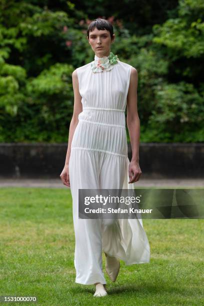 Model walks the runway at the Bobkova X NEWEST runway show during the Berlin Fashion Week SS24 at Kronprinzenpalais on July 10, 2023 in Berlin,...