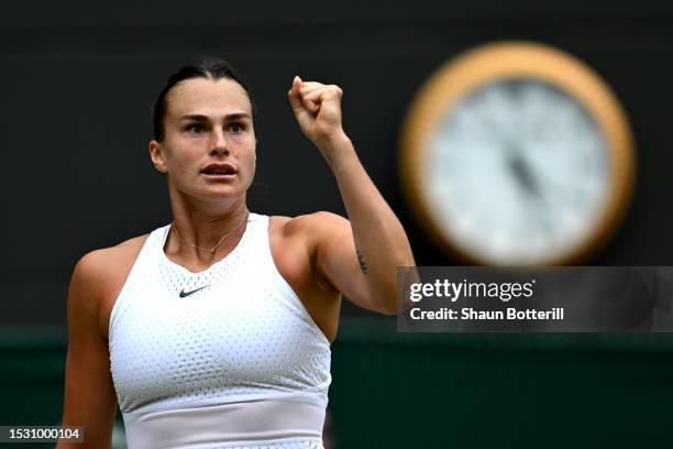 Aryna Sabalenka celebrates winning match point against Ekaterina Alexandrova in the Women's Singles fourth round match during day eight of The...