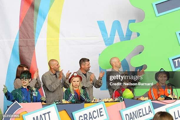 Matt Bennett, Gracie Dzienny, Daniella Monet and Lucas Cruikshank play "Figure it out" with host Jeff Stuphen on stage as part of the Nickelodeon...