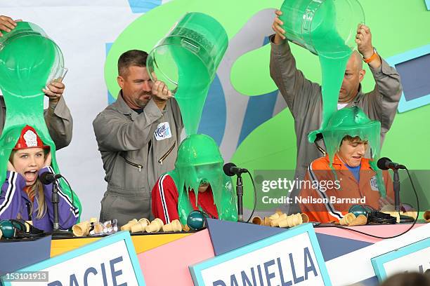 Matt Bennett, Gracie Dzienny, Daniella Monet and Lucas Cruikshank play "Figure it out" with host Jeff Stuphen on stage as part of the Nickelodeon...