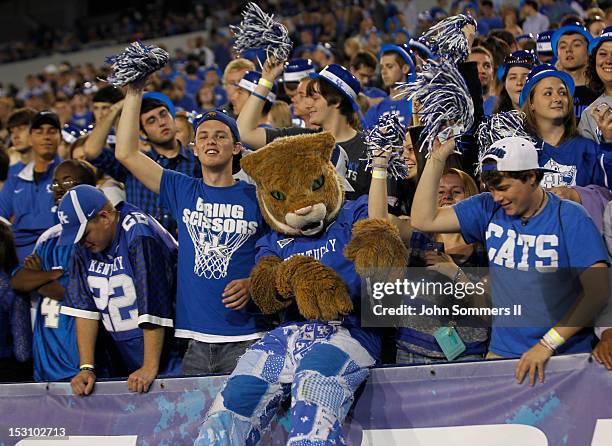 The Wildcat, mascot for the Kentucky Wildcats, works up the crowd against the South Carolina Gamecocks at Commonwealth Stadium on September 29, 2012...