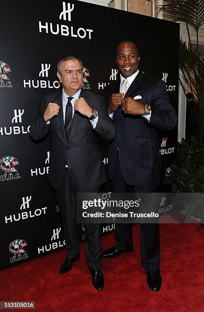 Hublot CEO Ricardo Guadalupe and boxing champion Lennox Lewis attend "A Legendary Evening With Hublot And WBC" at Bellagio Las Vegas on September 29,...