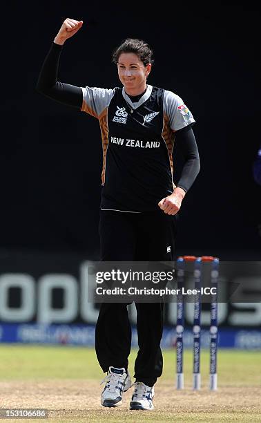 Nicola Browne of New Zealand celebrates taking the wicket of Inoka Galagedara of Sri Lanka during the ICC Women's World Twenty20 2012 Group B match...