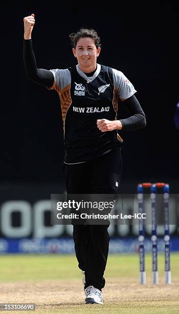 Nicola Browne of New Zealand celebrates taking the wicket of Inoka Galagedara of Sri Lanka during the ICC Women's World Twenty20 2012 Group B match...