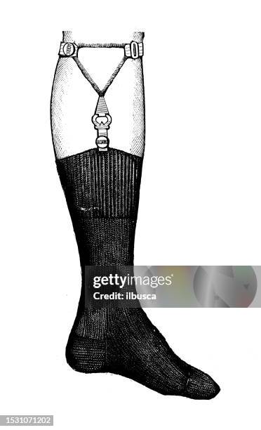 illustrazioni stock, clip art, cartoni animati e icone di tendenza di immagine antica dalla rivista britannica: bretelle per calzini - vintage garter belt