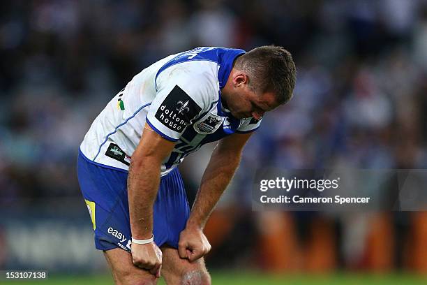 Josh Reynolds of the Bulldogs shows his emotion after losing the 2012 NRL Grand Final match between the Melbourne Storm and the Canterbury Bulldogs...