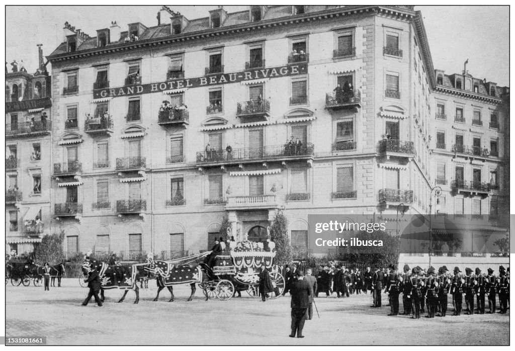 Antique image from British magazine: Assassination of Elizabeth of Bavaria, Empress of Austria, Procession in Geneva