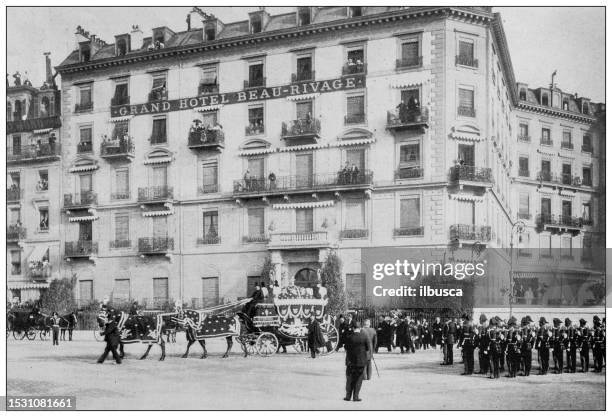 antique image from british magazine: assassination of elizabeth of bavaria, empress of austria, procession in geneva - biloxi hotels stock illustrations