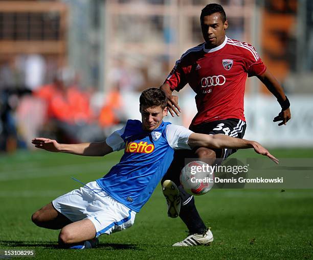 Leon Goretzka of Bochum is challenged by Marvin Matip of Ingolstadt during the Second Bundesliga match between VfL Bochum and FC Ingolstadt at...