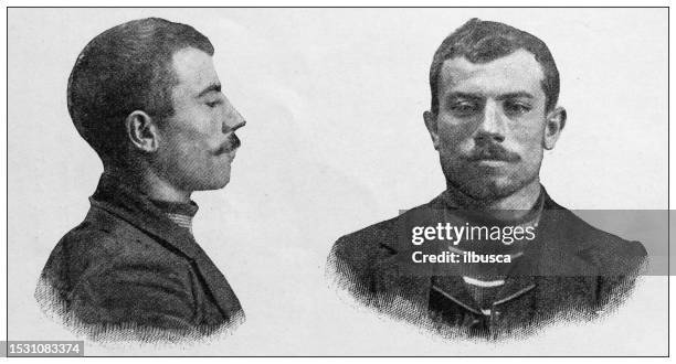 stockillustraties, clipart, cartoons en iconen met antique image from british magazine: assassination of elizabeth of bavaria, empress of austria, assassin luigi lucheni or luccheni - mugshot