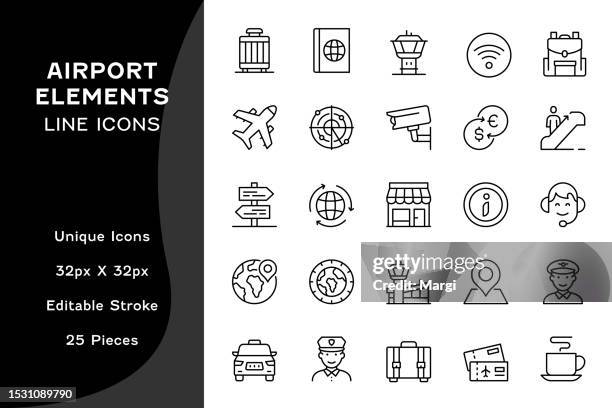 airport elements editable line icons - the greenwich meridian stock illustrations