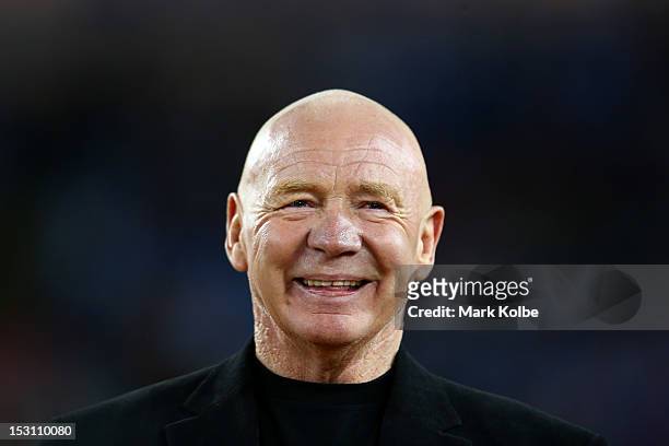 Former rugby league great and one of the rugby league Immortals, Bob Fulton looks on at half-time during the 2012 NRL Grand Final match between the...
