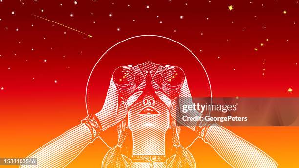 illustrazioni stock, clip art, cartoni animati e icone di tendenza di giovane donna hipster con binocolo e stelle - guardare con attenzione