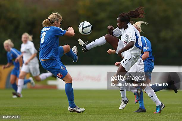 Corinne Yorston of Bristol Academy Women's FC challenges Eni Aluko of Birmingham City Ladies FC during the FA WSL match between Bristol Academy...