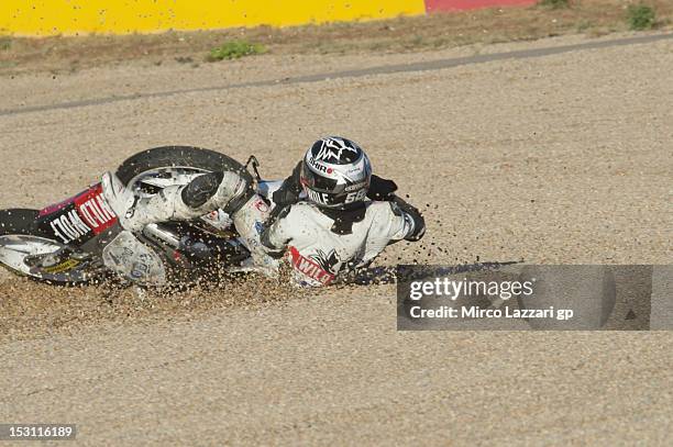 Juan Francisco Guevar of Spain and Wild Wolf BST after crashed out during the Moto3 race of the MotoGP of Spain at Motorland Aragon Circuit on...
