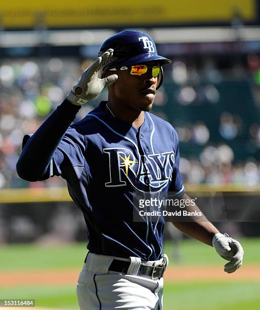 Upton of the Tampa Bay Rays after hitting a two-run homer against the Chicago White Sox in the first inning on September 30, 2012 at U.S. Cellular...
