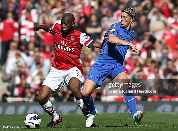 Arsenal's Abou Diaby and Chelsea's Fernando Torres compeate for the ball during the Barclay's Premier League match between Arsenal and Chelsea at the...