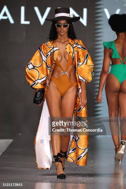 Model walks the runway for Alvin Valley during Miami Swim Week The Shows at SLS South Beach on July 09, 2023 in Miami Beach, Florida.