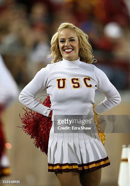 Trojans cheerleader cheers on her team during their game against the Stanford Cardinal at Stanford Stadium on September 15, 2012 in Palo Alto,...
