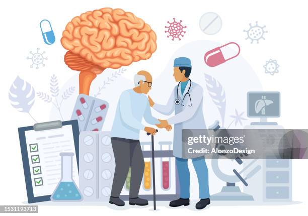 doctor and alzheimer patient. - cerebral palsy physical therapy stock illustrations