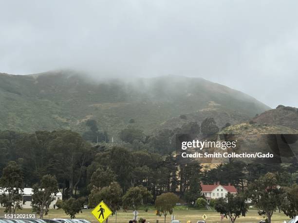 Foggy day with Marin Headlands and Fort Baker visible, Sausalito, California, June 17, 2023.