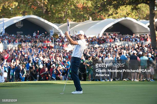 Ryder Cup European Team member Martin Kaymer makes his putt to give Europe the win during the 39th Ryder Cup at Medinah Country Club on September 30,...