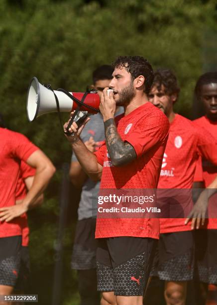 Davide Calabria of AC Milan attends during a training session at Milanello on July 10, 2023 in Cairate, Italy.