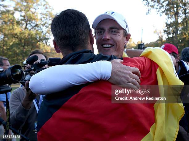 Nicolas Colsaerts of Europe celebrates after Europe defeated the USA 14.5 to 13.5 to retain the Ryder Cup during the Singles Matches for The 39th...