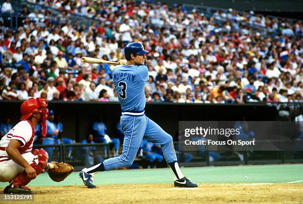 Dale Murphy of the Atlanta Braves bats against the St. Louis Cardinals during an Major League Baseball game circa 1983 at Busch Stadium in St. Louis,...