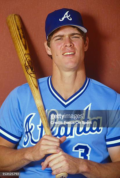 Dale Murphy of the Atlanta Braves poses with a bat on his shoulder in this portrait before the start of a Major League Baseball game circa 1983....