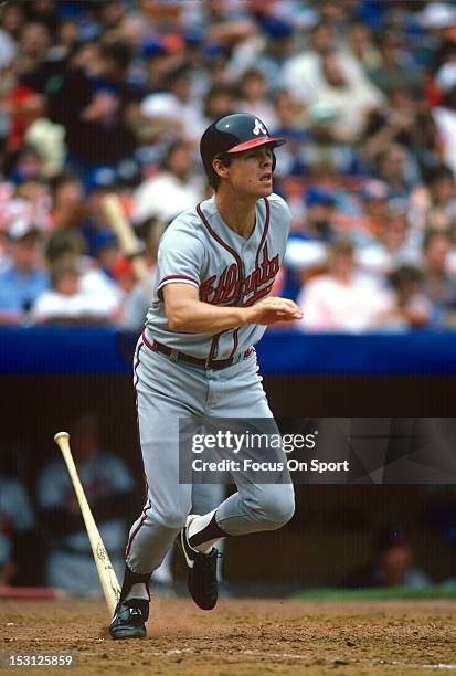 Dale Murphy of the Atlanta Braves bats against the New York Mets during an Major League Baseball game circa 1989 at Shea Stadium in the Queens...