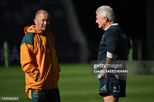 Australia's head coach Eddie Jones looks on during training session in Sydney on July 14 ahead of their Rugby Championship match against Argentina. /...