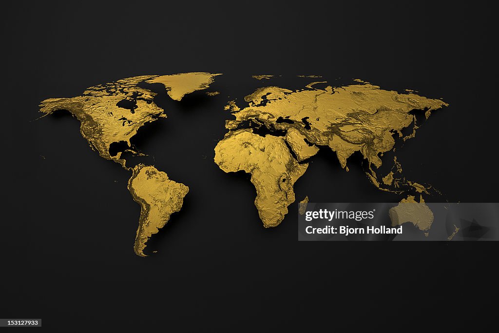 Golden Map of Earth with detailed topography