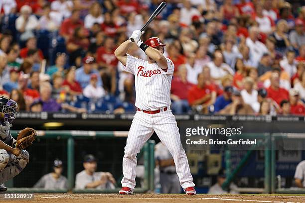 Ty Wigginton of the Philadelphia Phillies bats during the game against the Colorado Rockies at Citizens Bank Park on September 7, 2012 in...